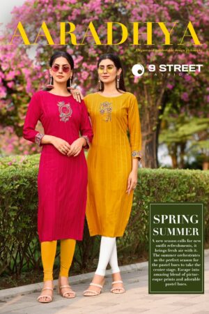 9 STREET AARADHYA RAYON EMBROIDERY KURTIS CATALOGUE WHOLESALER IN SURAT 1