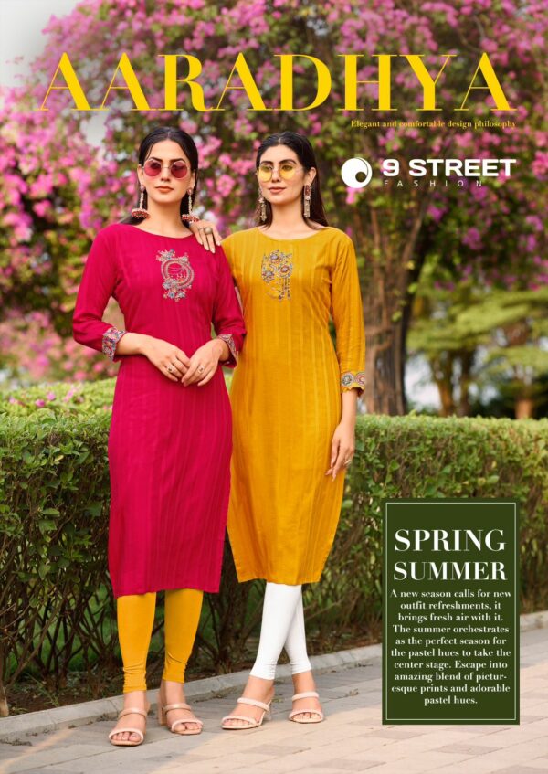 9 STREET AARADHYA RAYON EMBROIDERY KURTIS CATALOGUE WHOLESALER IN SURAT 1