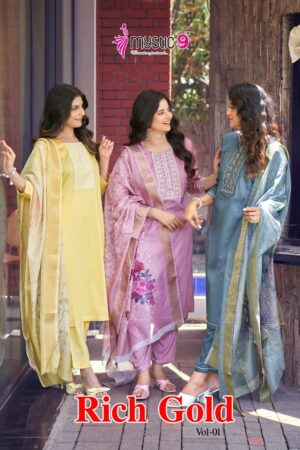 MYSTIC 9 RICH GOLD VOL 1 COTTON SATIN EMBROIDERY READYMADE KURTIS WHOLESALER IN SURAT 1