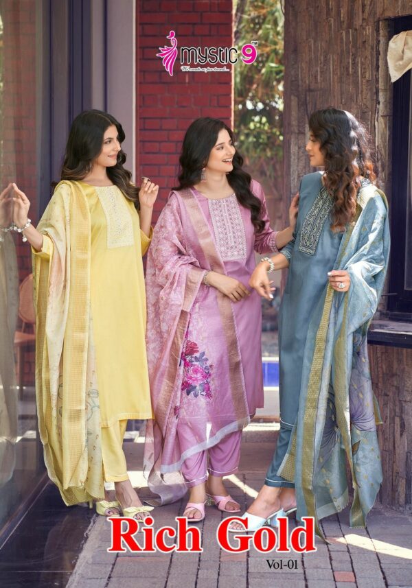 MYSTIC 9 RICH GOLD VOL 1 COTTON SATIN EMBROIDERY READYMADE KURTIS WHOLESALER IN SURAT 1