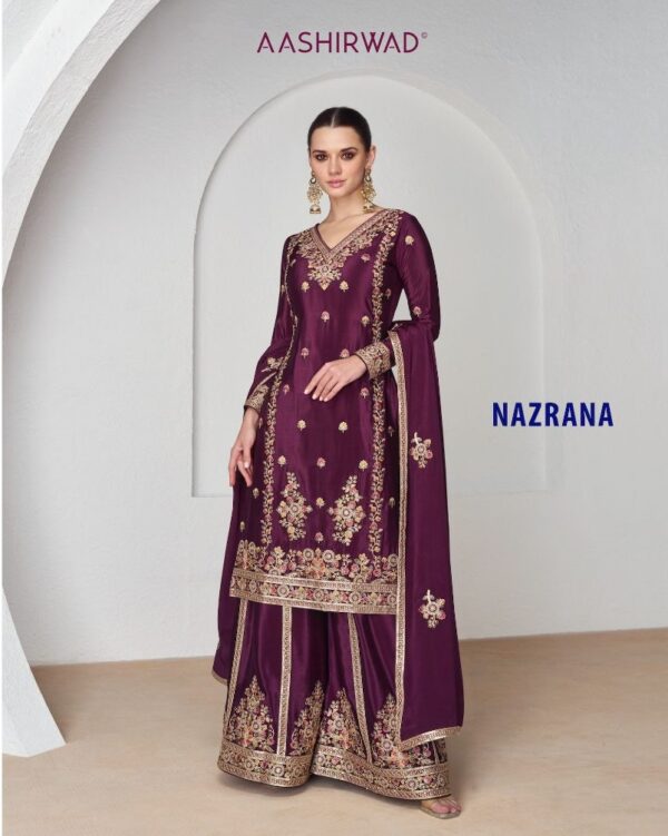 AASHIRWAD NAZRANA DESIGNER CHINNON SILK SUIT WHOLESALER IN SURAT 3.jpg