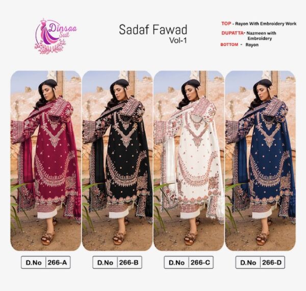 DINSAA SUIT SADAF FAWAD VOL 1 RAYON EMBROIDERY SALWAR KAMEEZ WHOLESALER IN SURAT 5.jpg