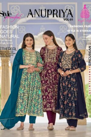 KAJAL STYLE ANUPRIYA VOL 1 RAYON GOWN KURTI PANT WITH DUPATTA SUPPLIER IN SURAT 1.jpg