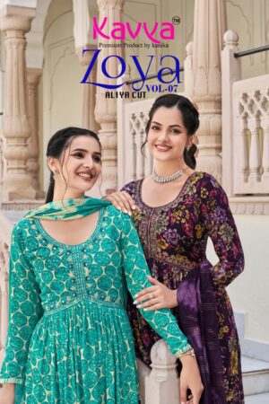 KAVYA ZOYA VOL 7 RAYON PRINTED ALIYA CUT KURTI SUPPLIER IN SURAT 1.jpg