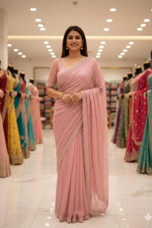 Home Rehmat Boutique Buy Ethnic Suits Online for Weddings ds 743 beads embroidery work soft net party wear sarees Rehmat Boutique